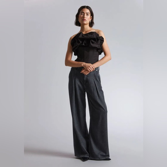 & Other Stories Ruffled Corset Top in Black Off the Shoulder Party Bustier - Picture 3 of 16